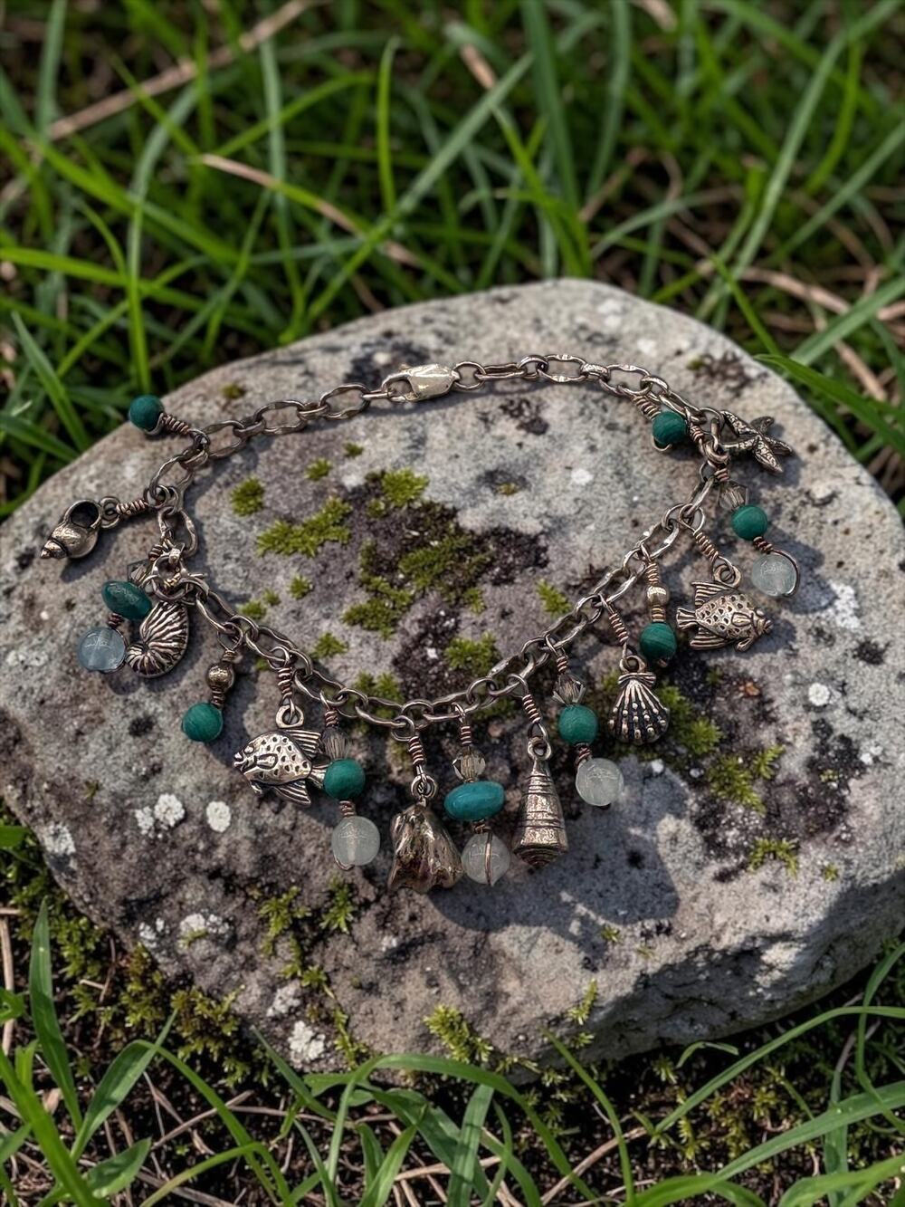 Vintage Sterling Silver Turquoise Quartz Sea Life Charm Bracelet Starfish Motifs